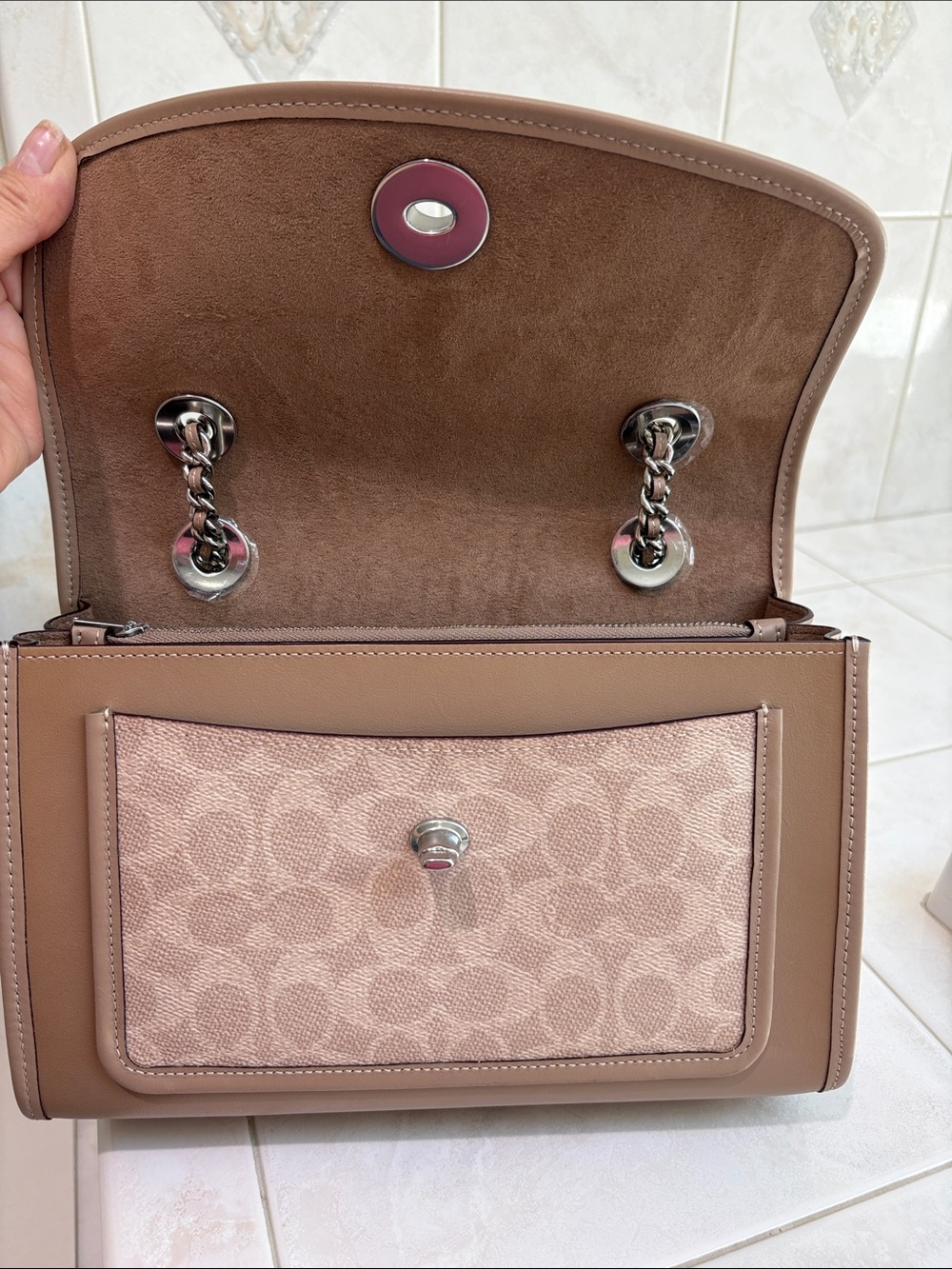Coach Parker Shoulder Bag in Signature Logo, Calf Leather, and Silver Chain - Picture 3 of 13